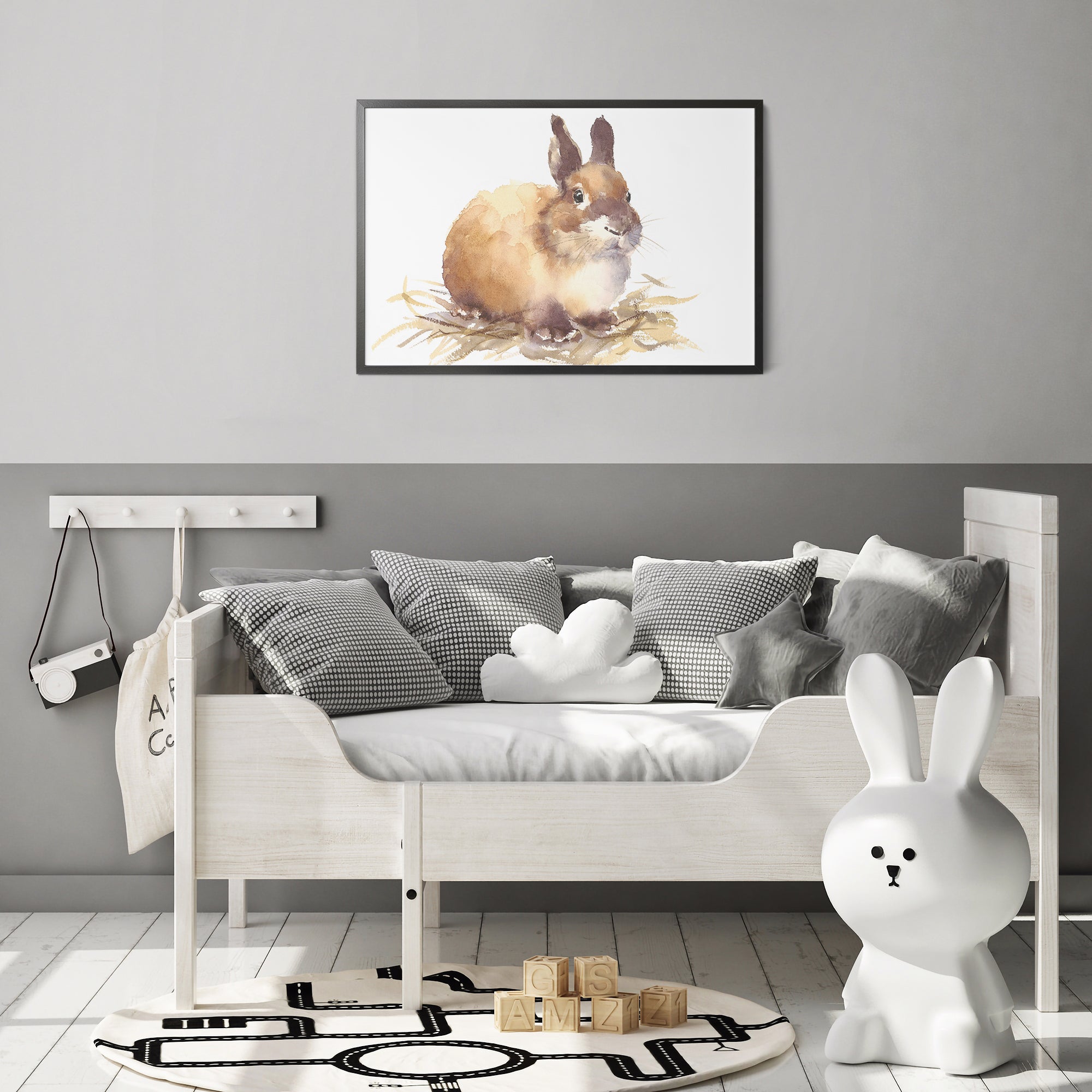 Foto obraz w ramie - Akwarela, mały królik (zwierzęta)