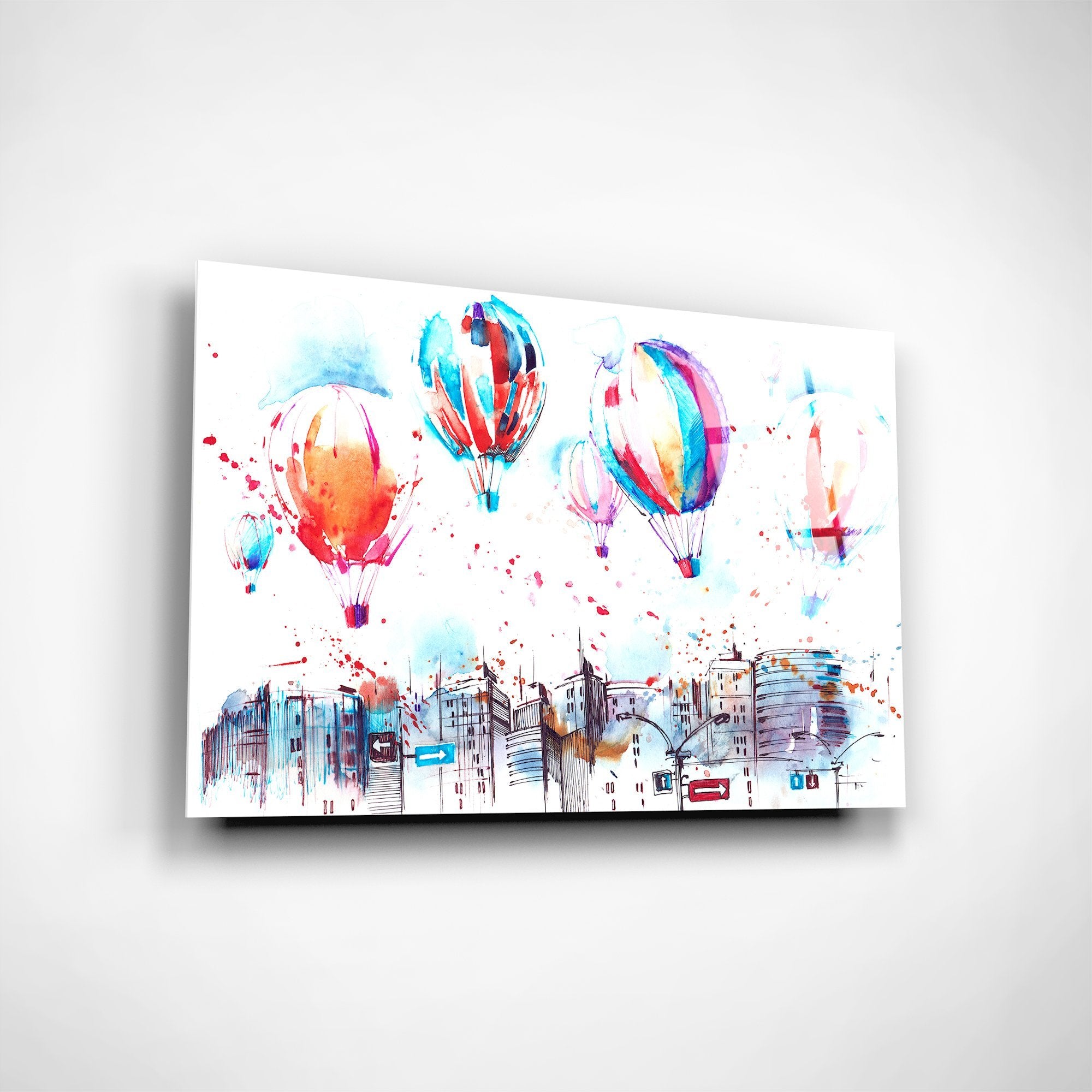 Foto obraz na szkle - Akwarela, balony nad miastem (kolorowy) - Gallart.pl