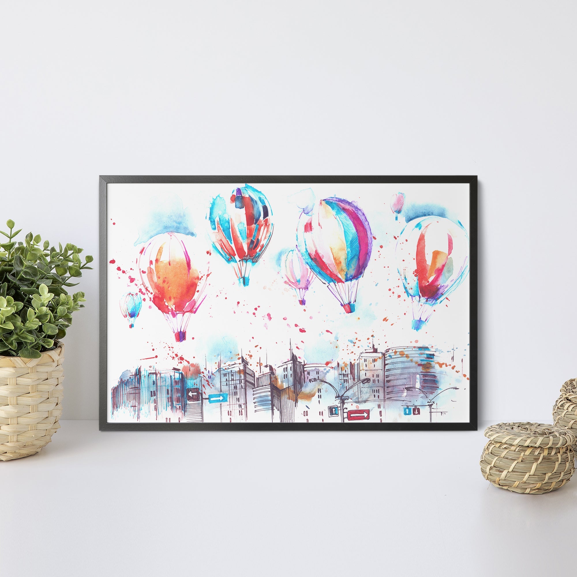 Foto obraz w ramie - Akwarela, balony nad miastem (kolorowy) - Gallart.pl