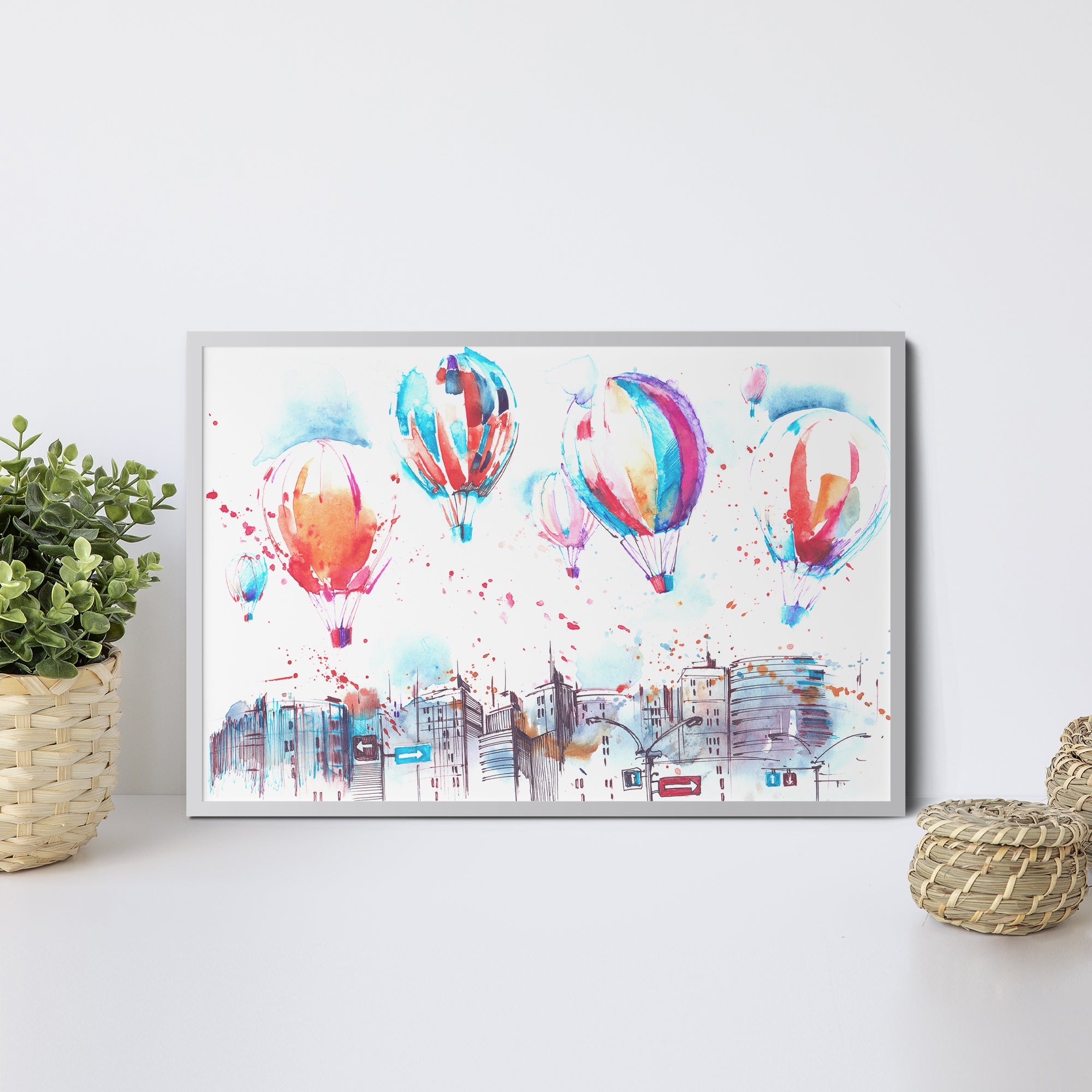 Foto obraz w ramie - Akwarela, balony nad miastem (kolorowy) - Gallart.pl