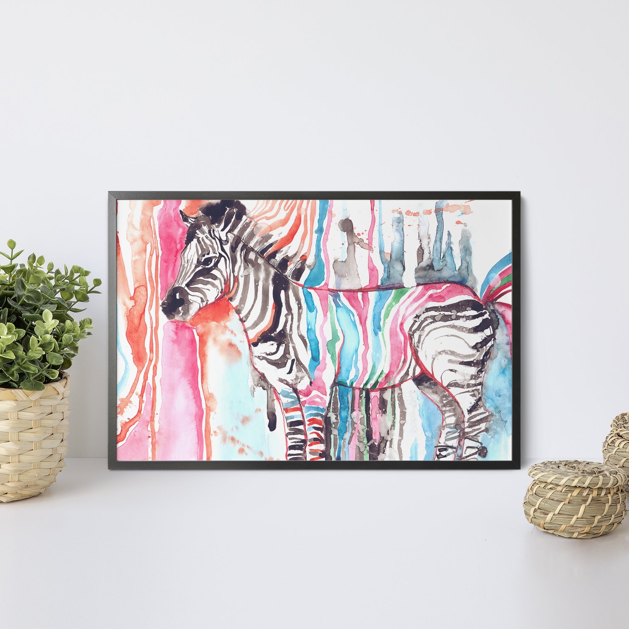 Foto obraz w ramie - Akwarela, kolorowa zebra (kolorowy) - Gallart.pl
