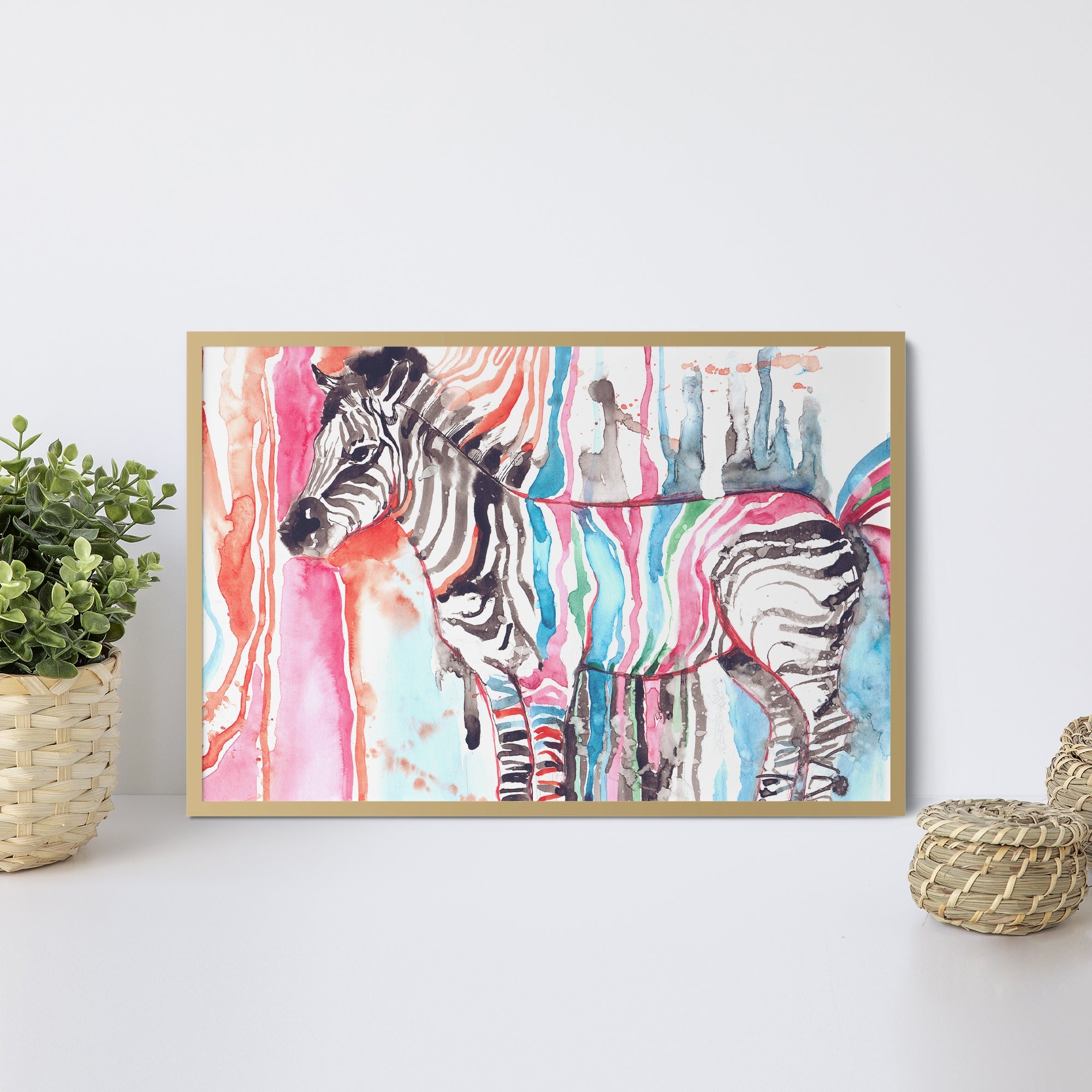 Foto obraz w ramie - Akwarela, kolorowa zebra (kolorowy) - Gallart.pl