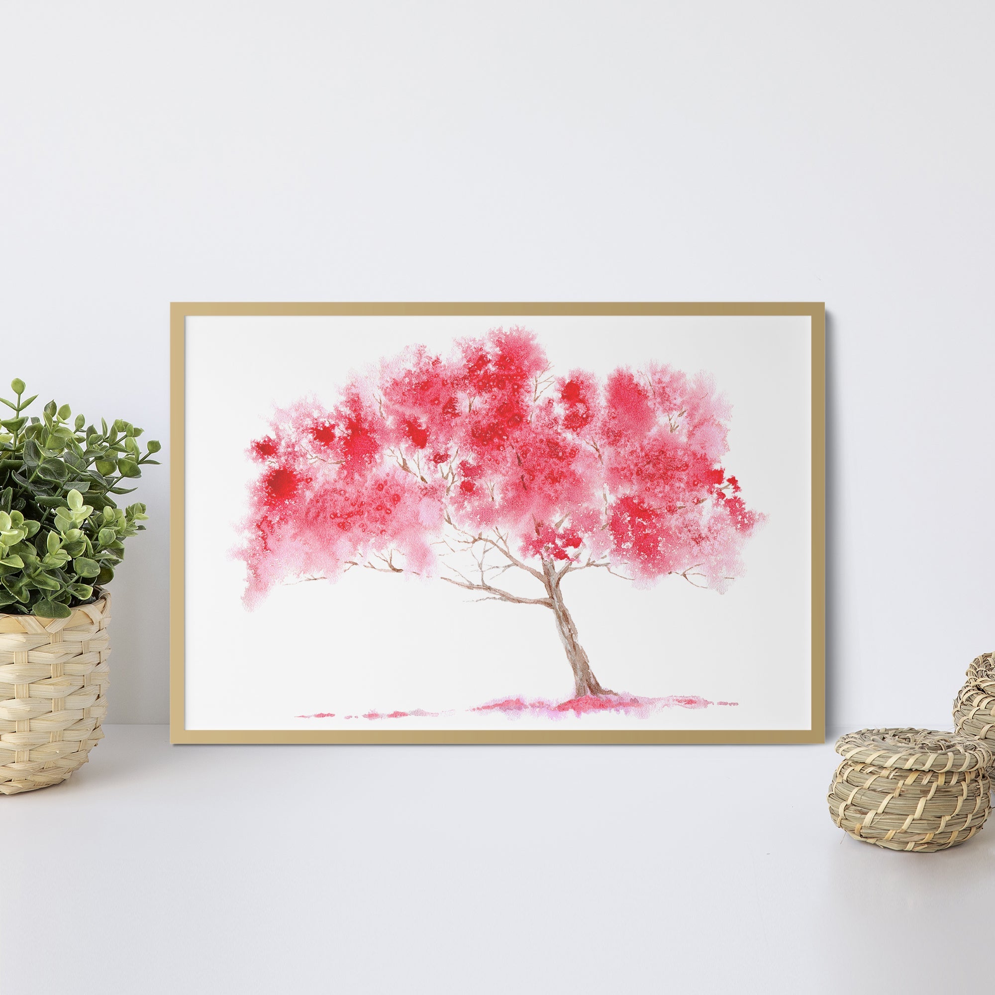 Foto obraz w ramie - Akwarela, kwitnące drzewo (czerwony) - Gallart.pl