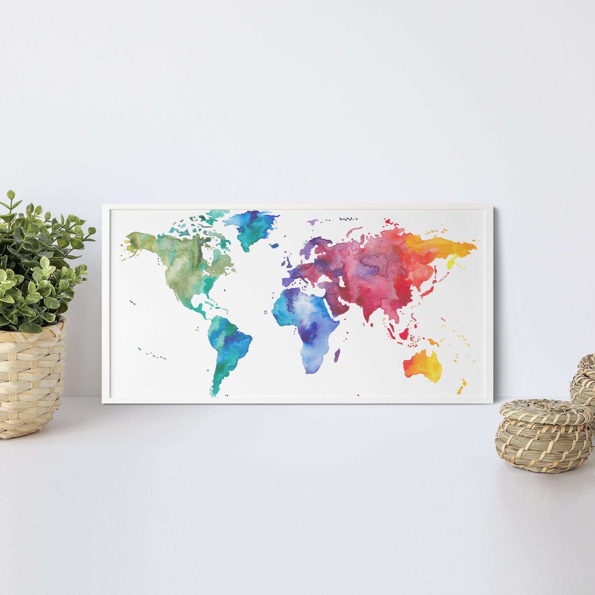 Foto obraz w ramie - Akwarela, mapa świata (kolorowy) - Gallart.pl