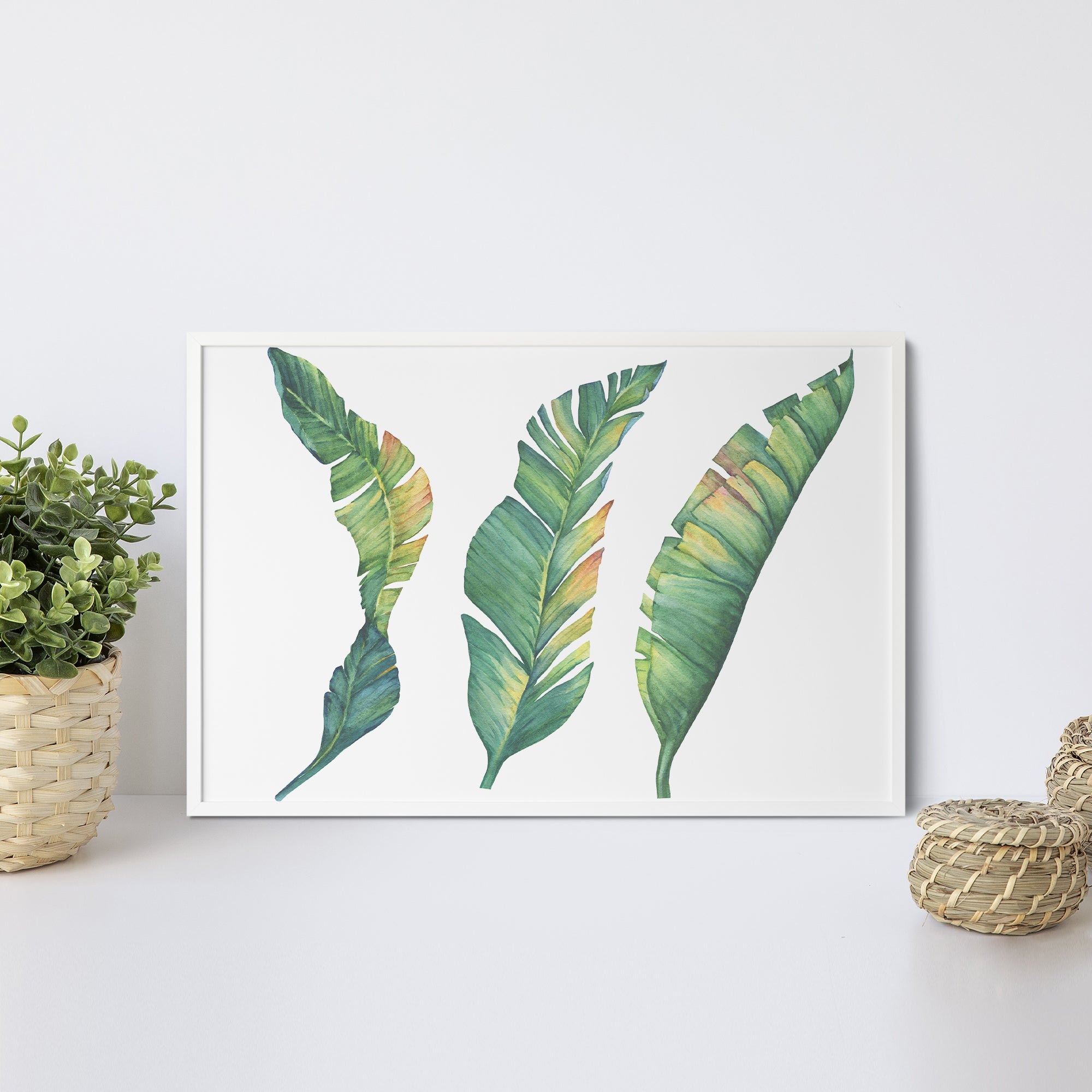 Foto obraz w ramie - Akwarela, minimalistyczne liście (zielony) - Gallart.pl