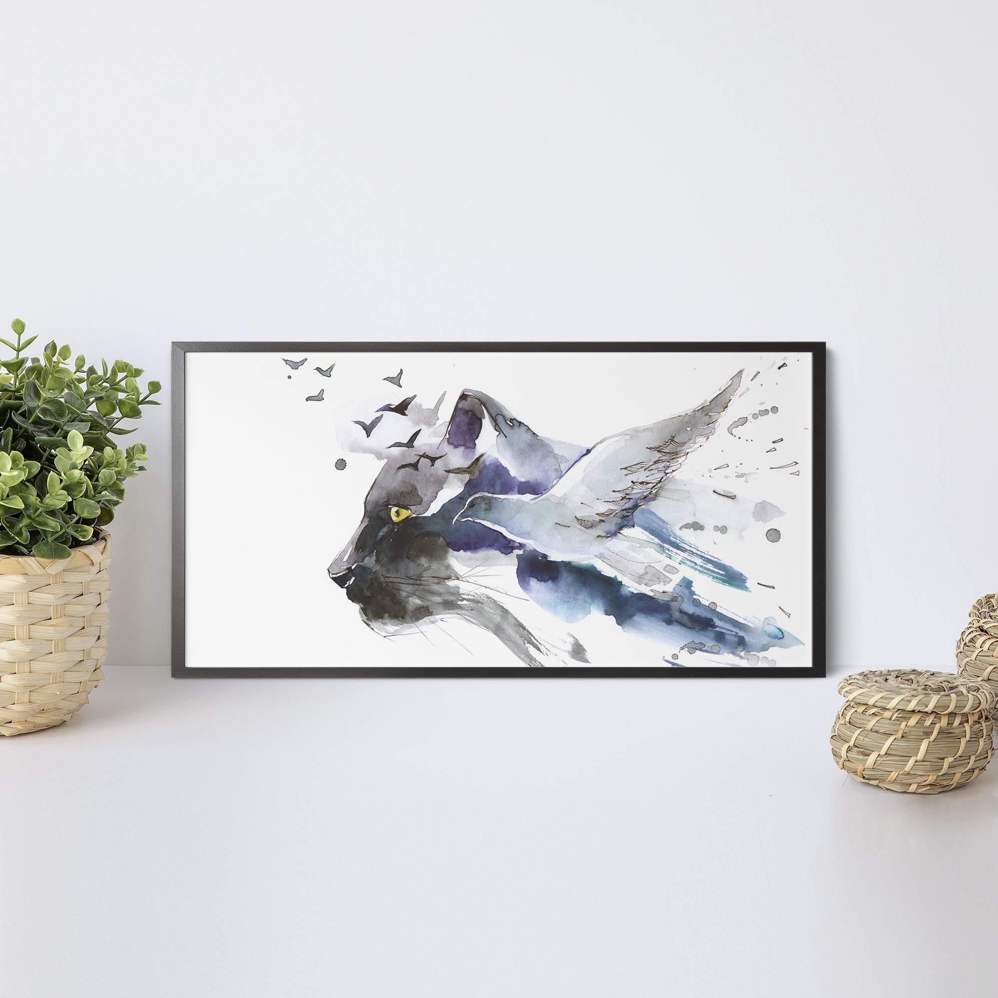 Foto obraz w ramie - Akwarela, puma i ptak (abstrakcyjny) - Gallart.pl