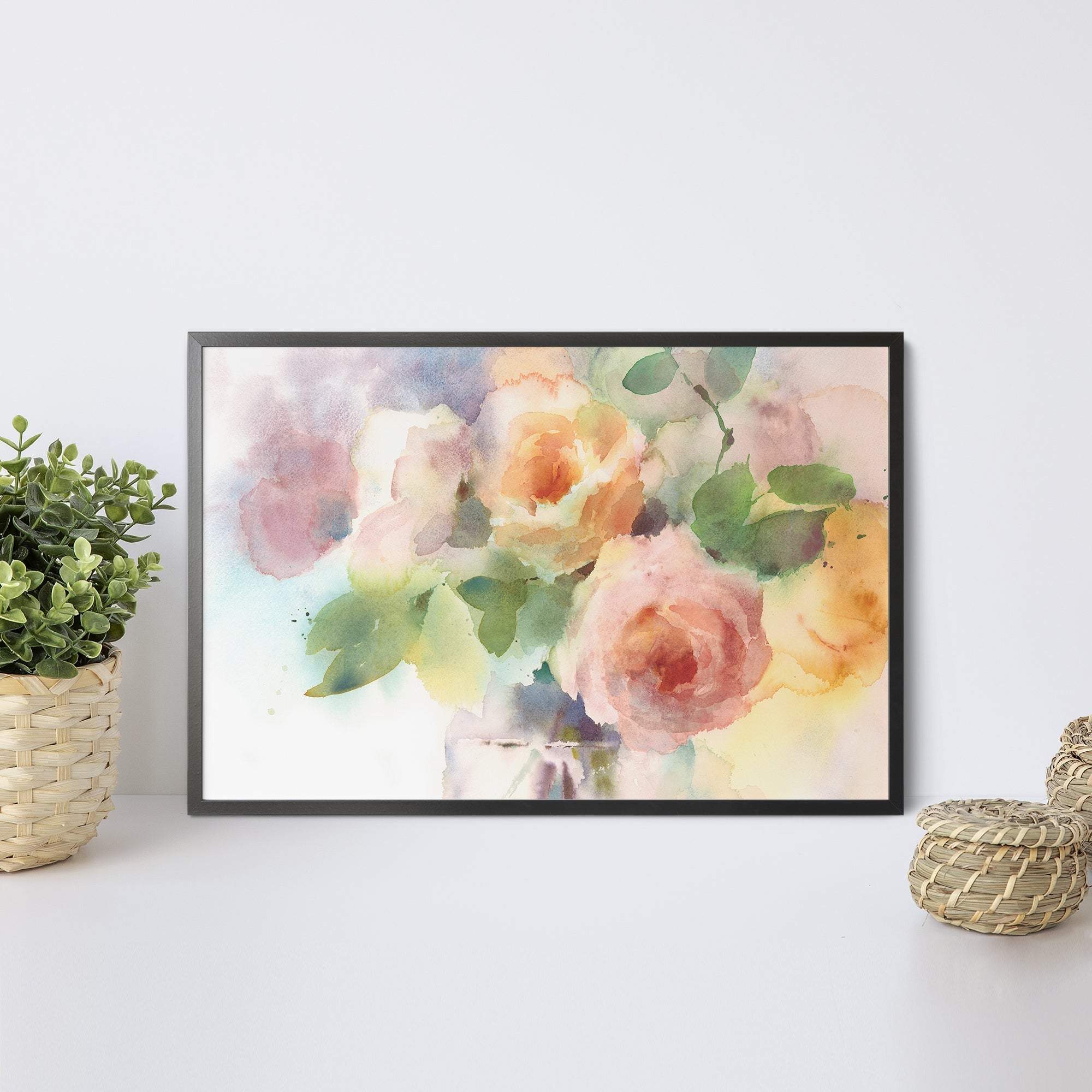 Foto obraz w ramie - Akwarela, róże w wazonie (kolorowy) - Gallart.pl
