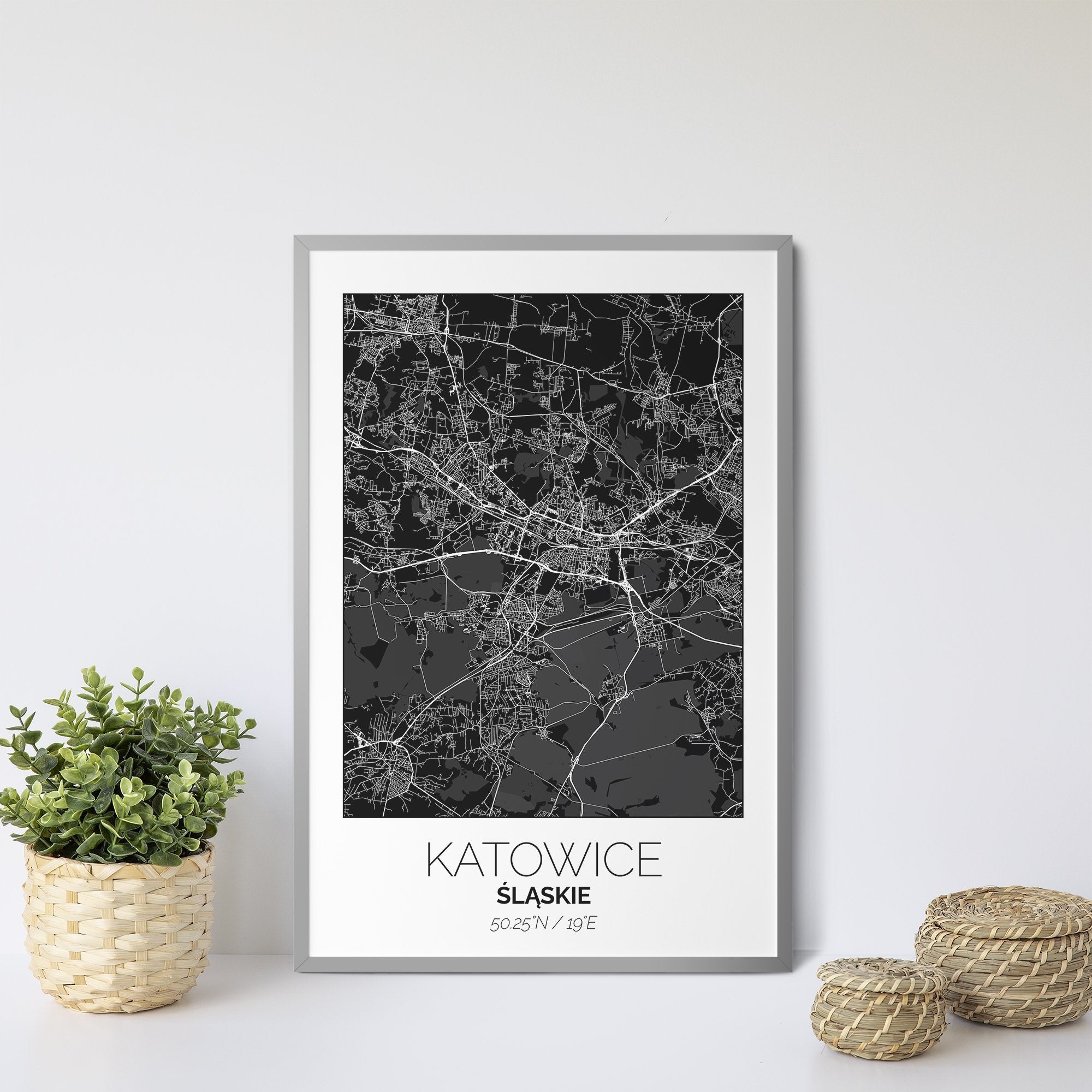 Mapa Miasta Katowice W Ramie (Biało-Czarna) - Gallart.pl