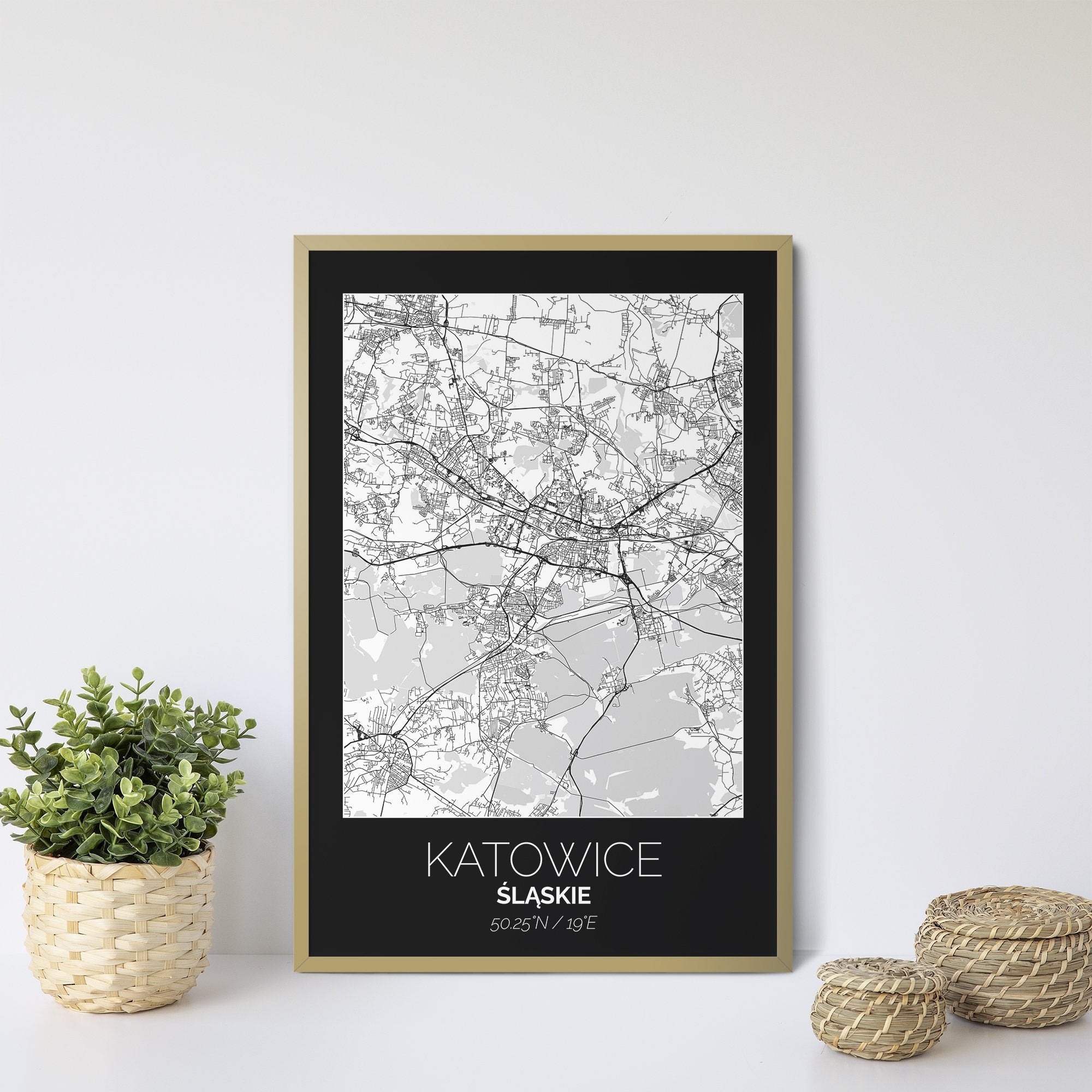 Mapa Miasta Katowice W Ramie (Czarno-Biała) - Gallart.pl